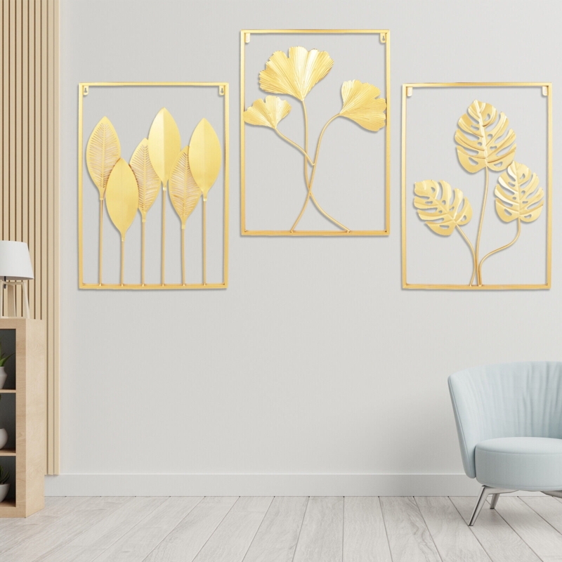 Wall Art Set: Gold Metal Botanical Triptych with Open Frame Design