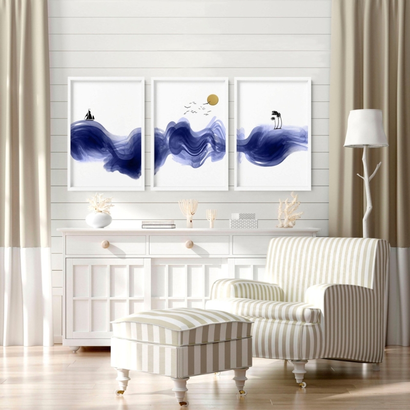 Wall Art Set Indigo Watercolor Waves Triptych Hamptons Style White Washed