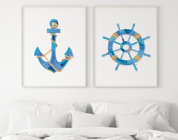 Wall Art Set Mosaic Style Nautical Pairing Blue Anchor Ship Wheel Rope