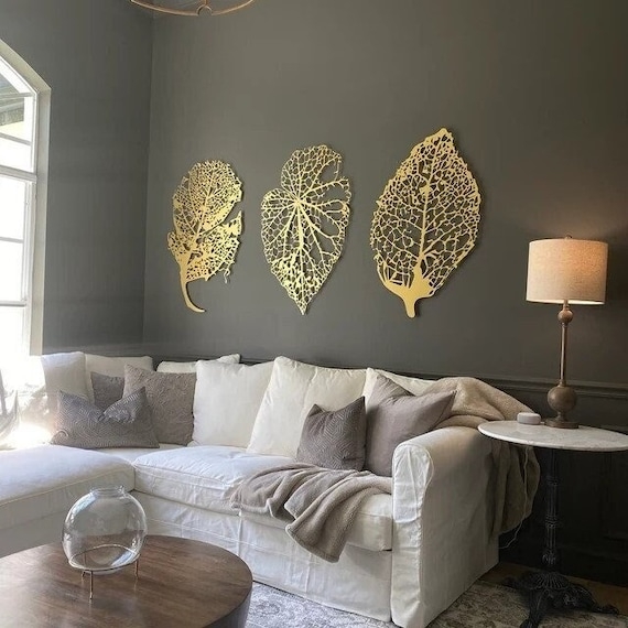 Wall Art Set: Oversized Metallic Gold Skeleton Leaf Sculptures