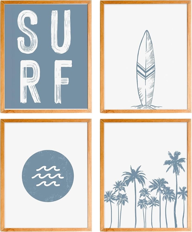 Wall Art Set Slate Blue Palette Beachy Motifs Surfboard & Palm Prints