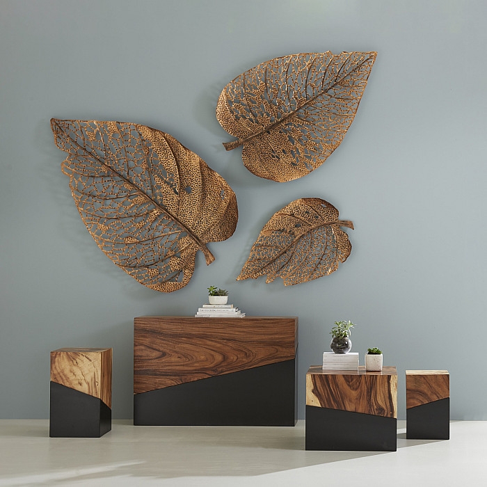 Wall Art Set: Three Copper Birch Leaves with Skeletal Filigree
