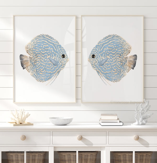 Wall Art Set Watercolor Fish Illustration Symmetrical Diptych Dusty Blue