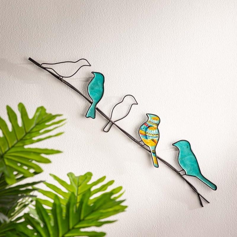 Wall Art: Teal Capiz Shell with Minimalist Wire Outline Birds