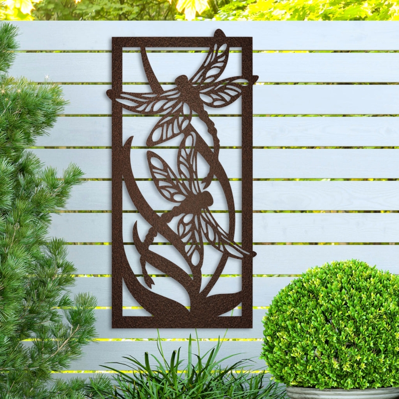 Wall Art Textured Metal Dragonfly Motif Openwork Garden Panel