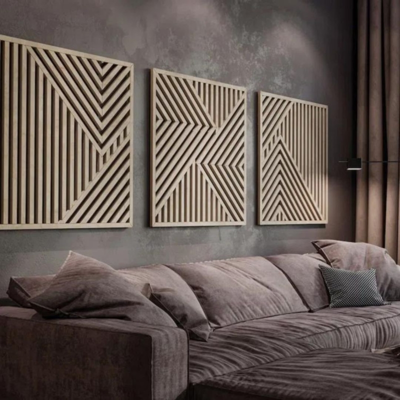 Wall Art Triptych Geometric Slats Light Wood Tone Chevron Patterns