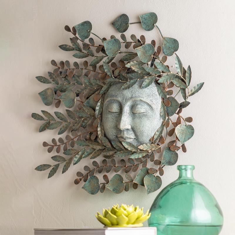 Wall Art: Verdigris Patina Metal Sculpture with Serene Sun Face