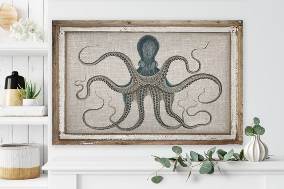Wall Art Vintage Octopus Illustration Distressed Whitewashed Frame Linen