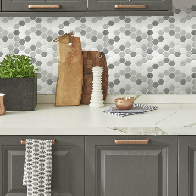 Wall Backsplash Multi Tone Hexagon, Charcoal Cabinets Copper Pulls