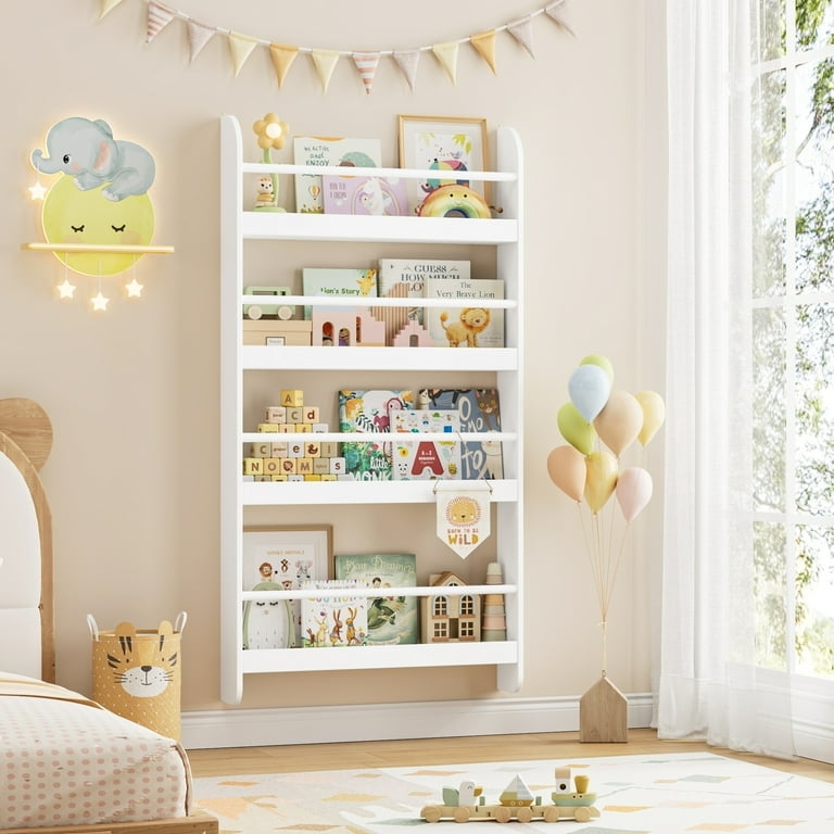 Wall Bookshelf 4-Tier Front-Facing Display, with Safety Rails