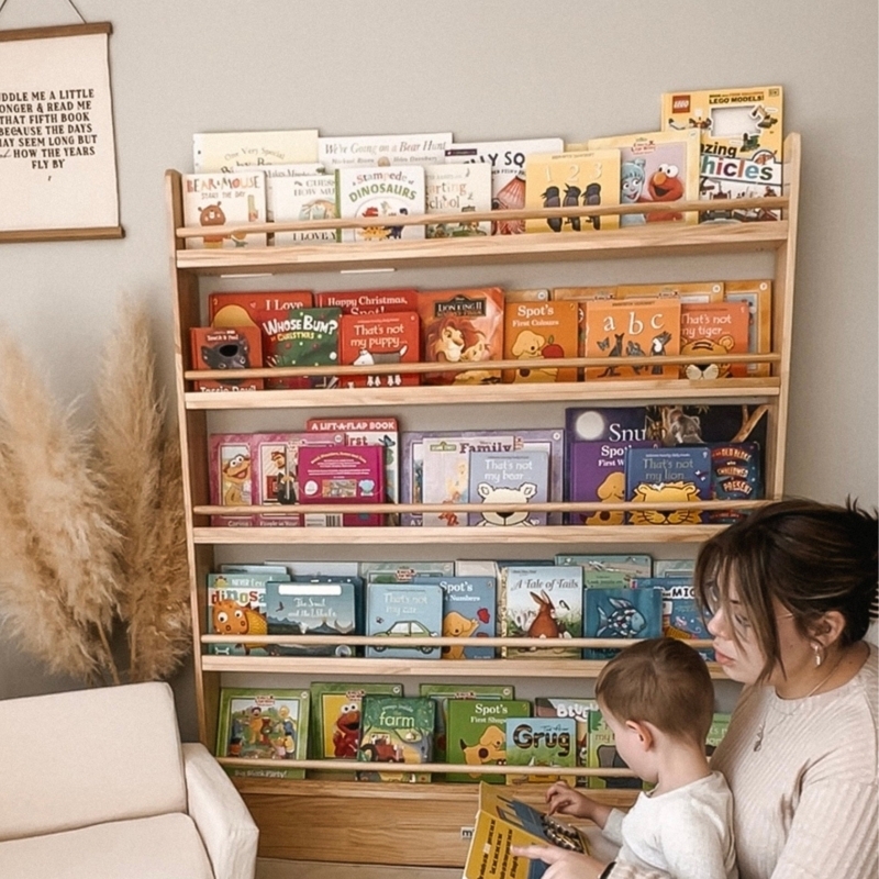 Wall Bookshelf Horizontal Rails, Natural Wood, Five Tier Front Facing