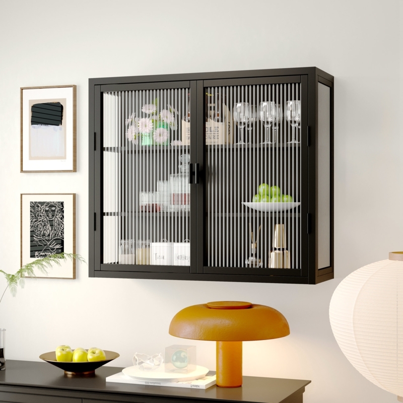 Wall Cabinet Black Metal Reeded Glass Doors Kitchen Unit