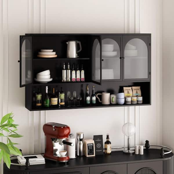 Wall Cabinet Matte Black Arched Glass Doors Kitchen Hutch