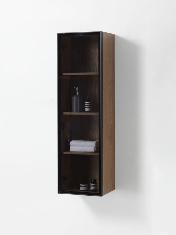Wall Cabinet Pecan Oak Smoked Glass Door Slim Profile Storage