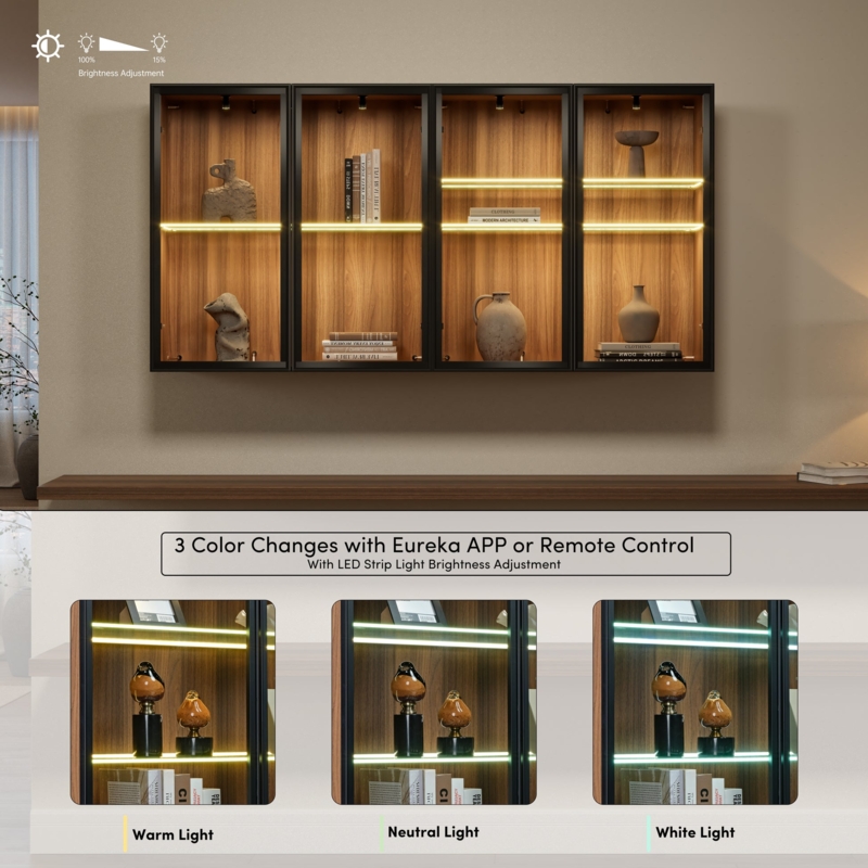 Wall Cabinet Walnut App Controlled LED Lighting Floating Bookshelf