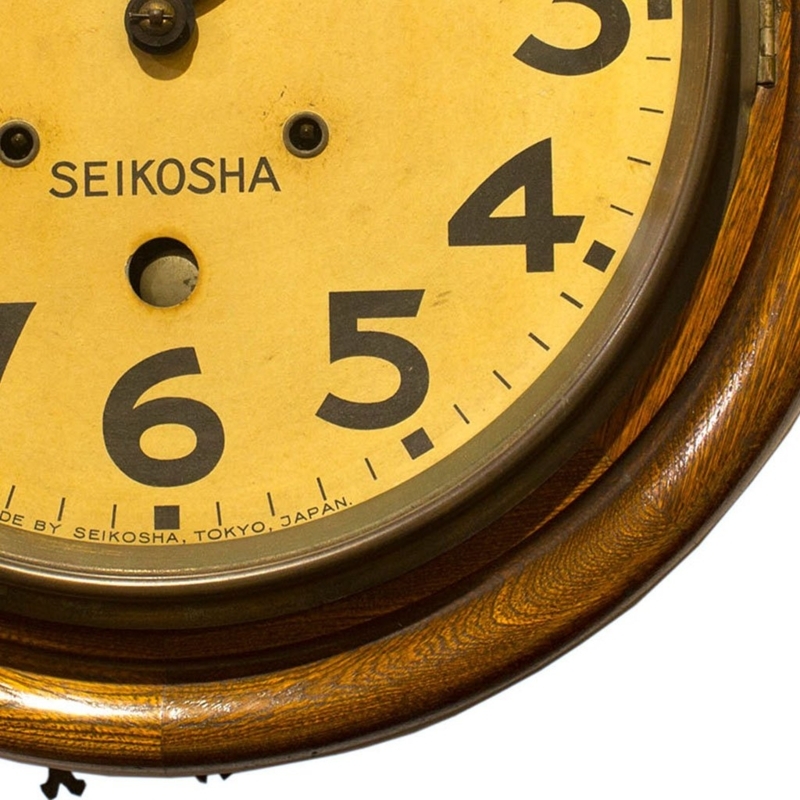 Wall Clock Aged Patina Seikosha Branding Winding Keyholes Yellow