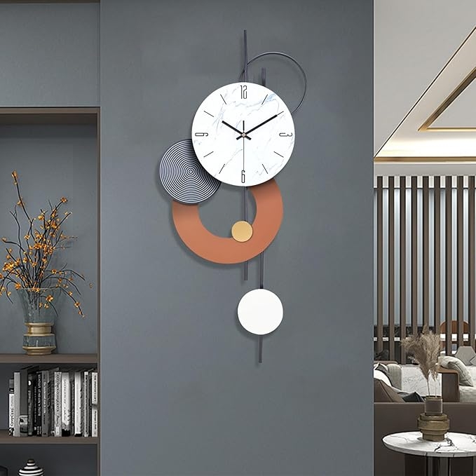 Wall Clock Asymmetrical Design Terracotta Arc Marble Face Abstract