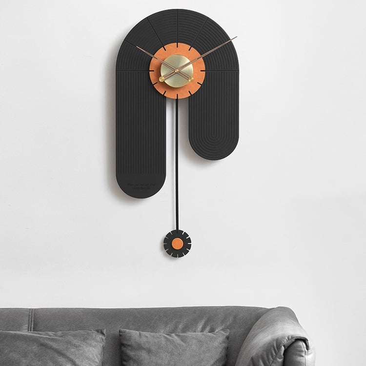 Wall Clock Asymmetrical Fluted Body Orange Pendulum Matte Black