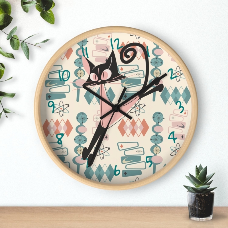 Wall Clock Atomic Cat Graphic Retro Kitsch Harlequin Pattern