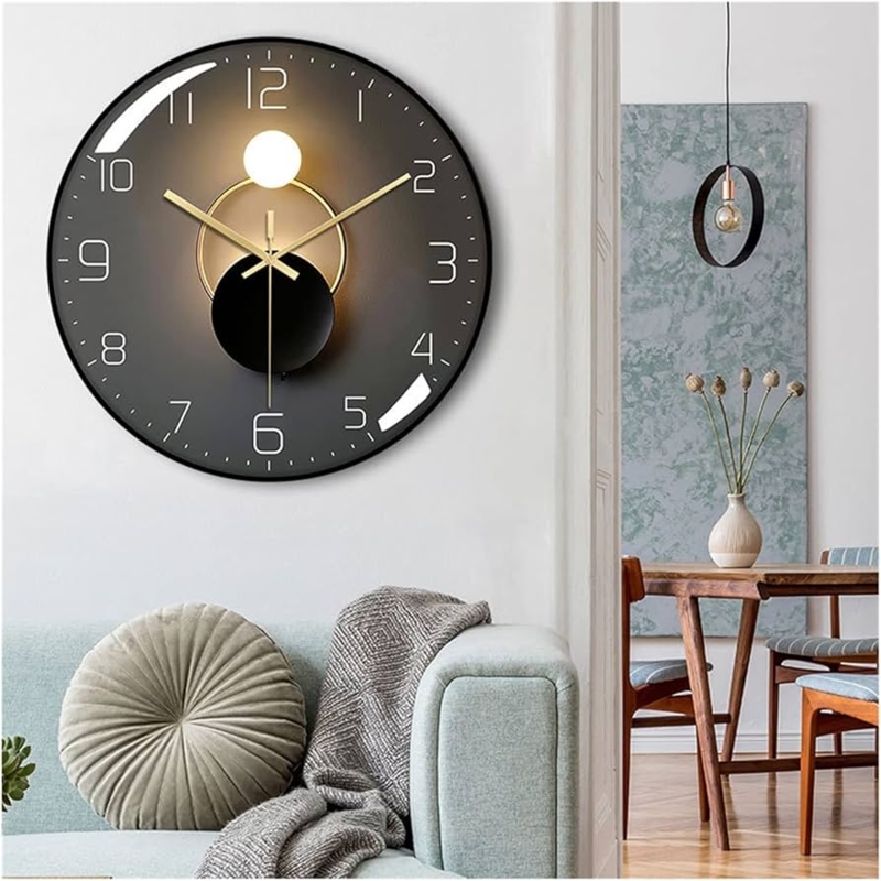Wall Clock Backlit Nordic Minimalist Matte Black Gold Celestial Accent