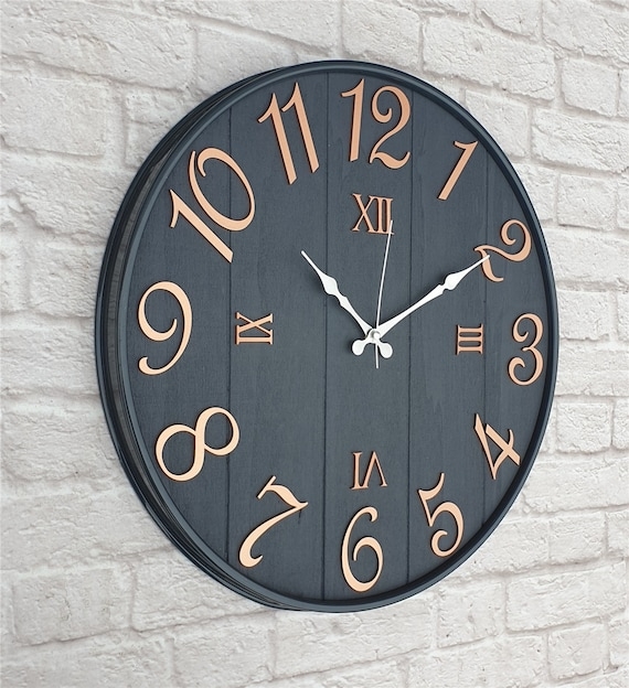 Wall Clock Charcoal Grey Vertical Slat Face Copper Arabic Numerals
