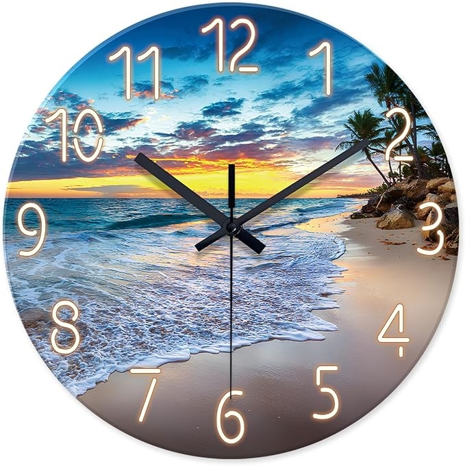 Wall Clock Coastal Sunset Beach Scene Rimless Glass Tropical Decor