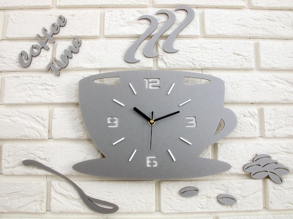 Wall Clock Coffee Cup Silhouette Stone Gray Finish Modular Elements