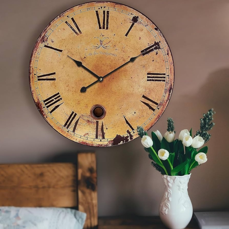 Wall Clock Distressed Oversized, Antique Gold Face, Roman Numerals