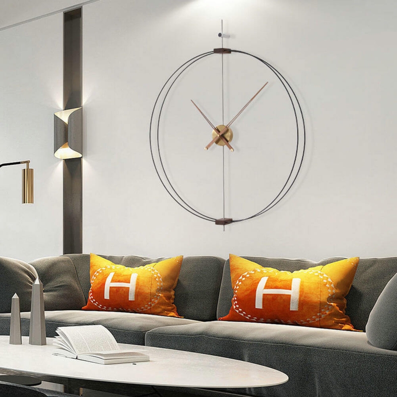 Wall Clock Double Ring Silhouette Wood Needle Hands Matte Black