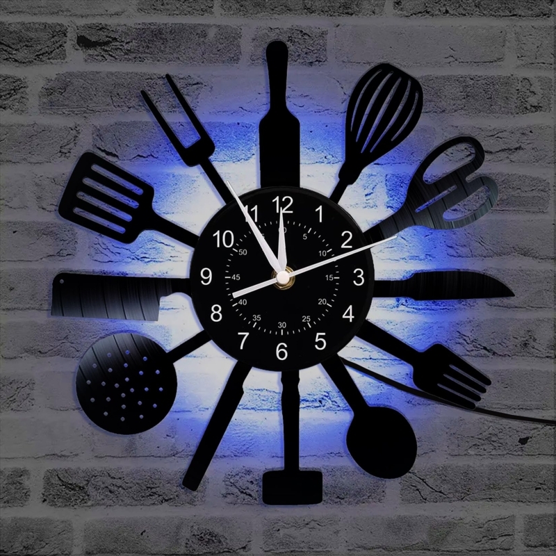 Wall Clock featuring Blue Led Glow with Matte Black Utensil Cutouts
