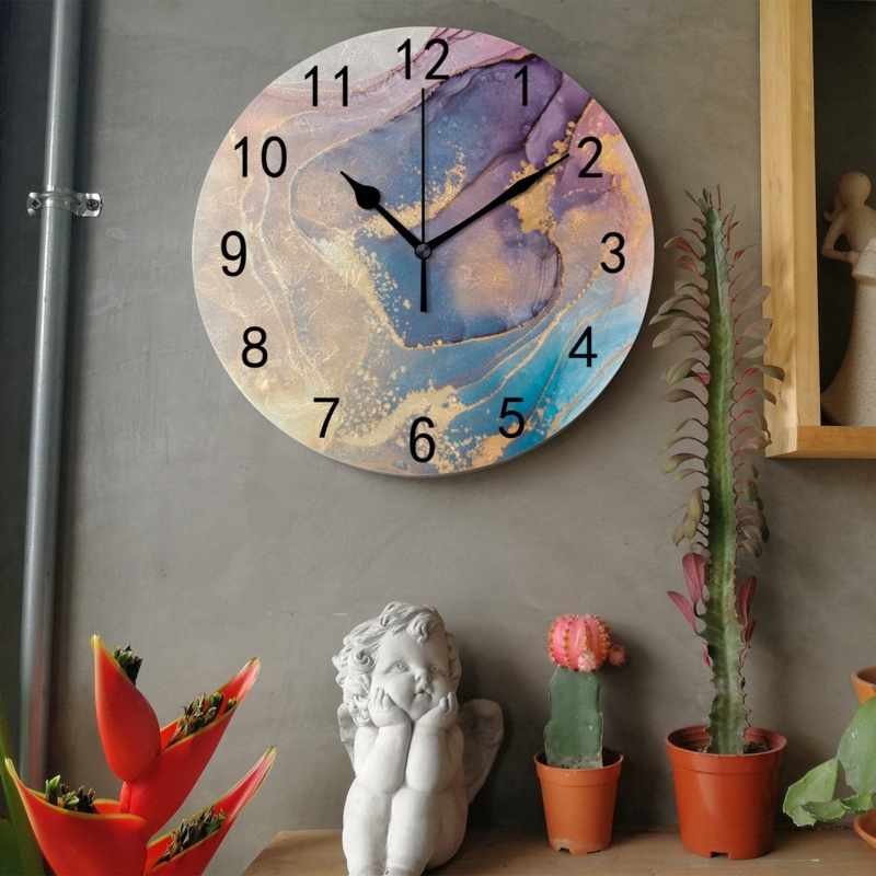 Wall Clock Fluid Art Face Gold Toned Accents Blue Abstract Marble