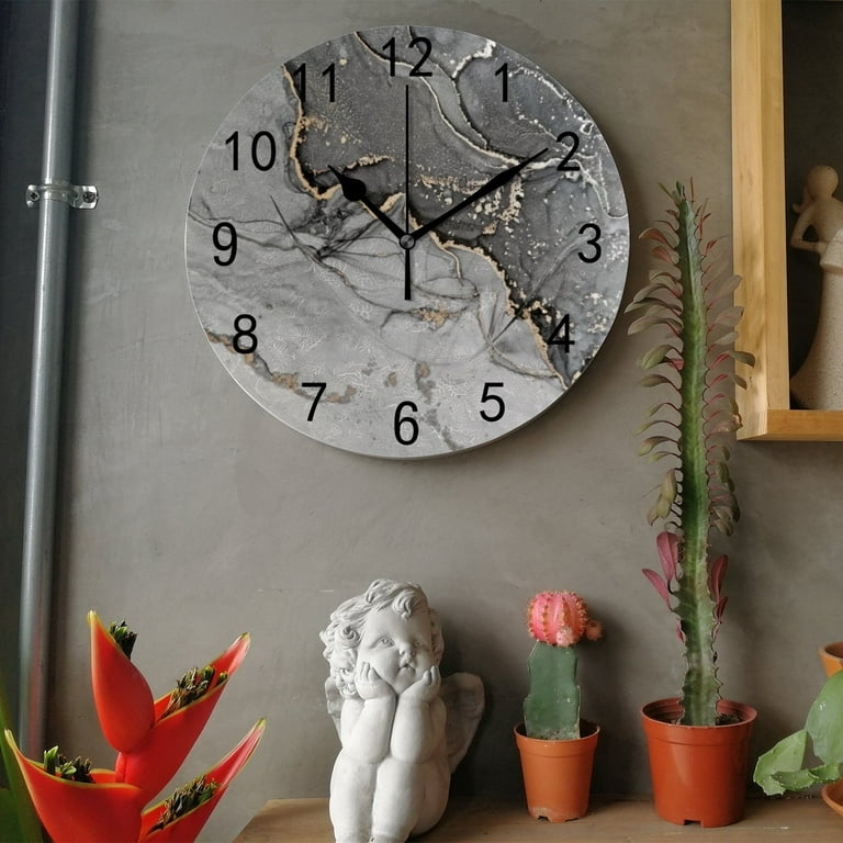 Wall Clock Fluid Ink Pattern Gold Veining Gray Abstract Face
