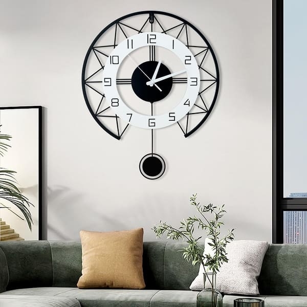Wall Clock Geometric Frame Circular Pendulum Cut Out Design Black