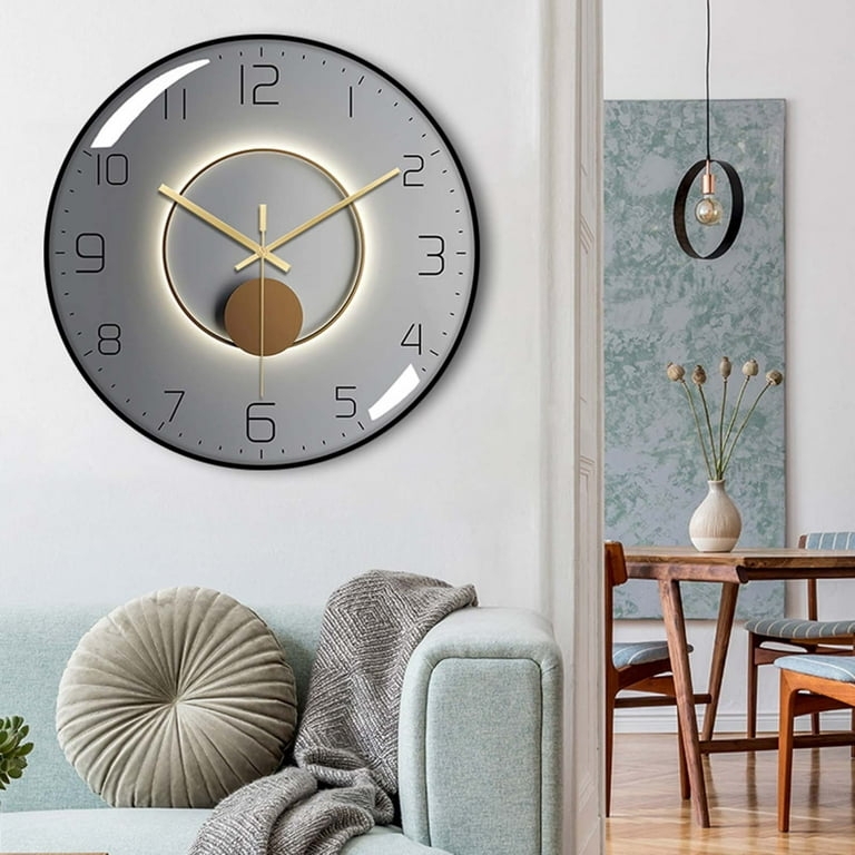 Wall Clock Glossy Grey Glass Gold Toned Hands Silent Movement