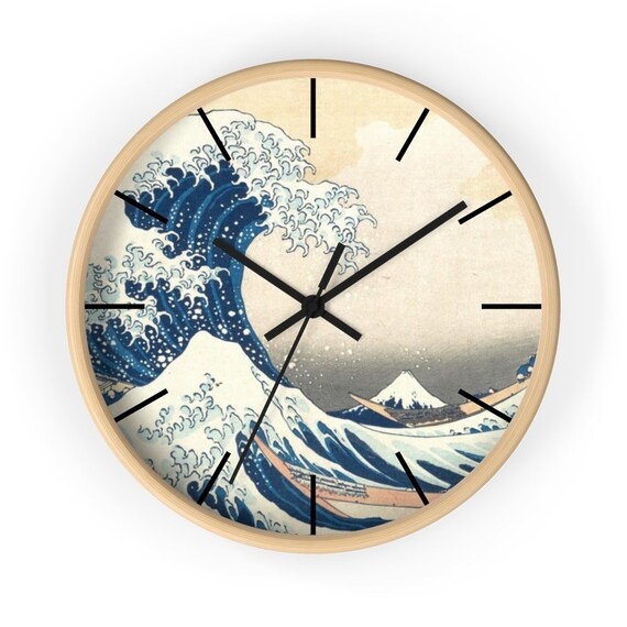Wall Clock Great Wave Artwork Hokusai Print Light Wood Bezel