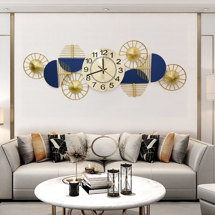 Wall Clock Horizontal Geometric Forms Blue Gold Contrast