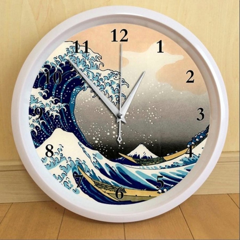 Wall Clock Indigo Wave Pattern White Frame Japanese Art Dial