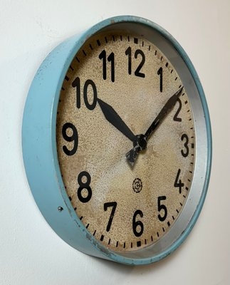 Wall Clock Industrial Blue Frame, Aged Dial, Spade Hands, 1950s Style