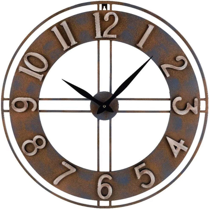Wall Clock Industrial Skeleton Dial Rust Effect Raised Numerals