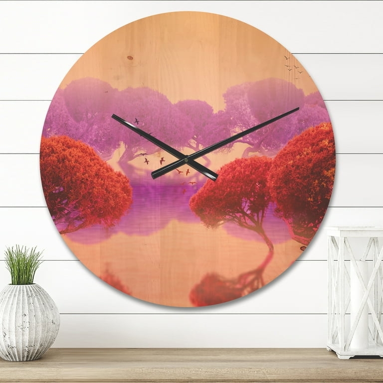 Wall Clock Japanese Garden Print Purple And Red Wood Grain Visible