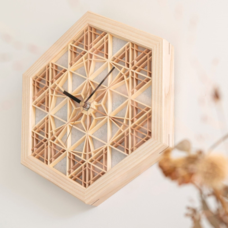 Wall Clock Kumiko Lattice Hexagonal Shape Geometric Woodwork