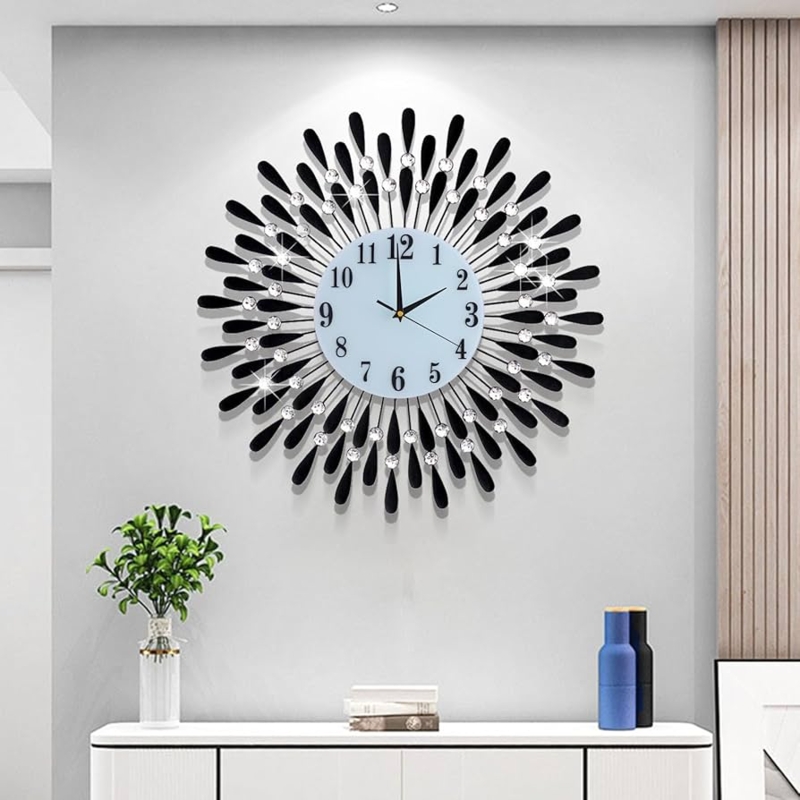 Wall Clock Large Sunburst Black Teardrop Petals Crystal Embellished