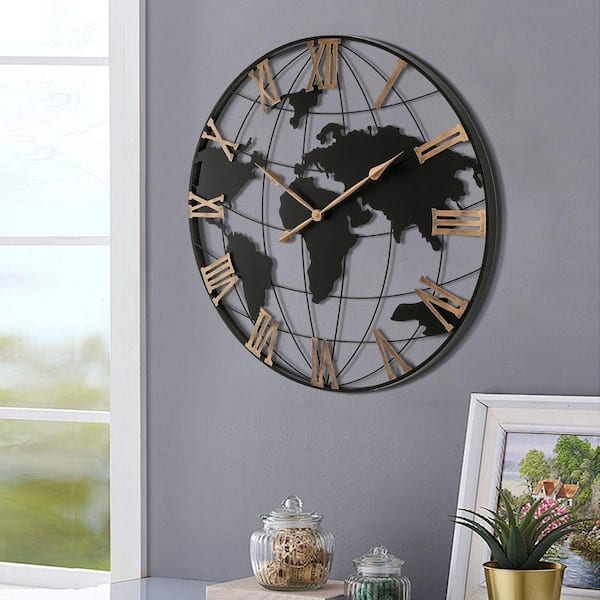Wall Clock Large World Map Silhouette Gold Roman Numerals