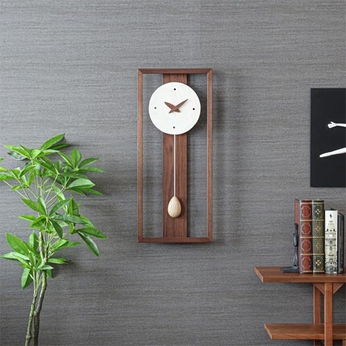Wall Clock Marble Dial Teardrop Pendulum Walnut Rectangular Open Frame