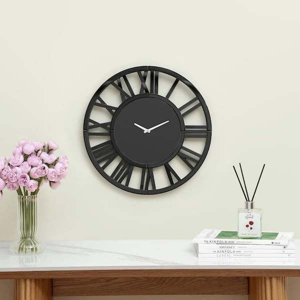 Wall Clock Matte Black Skeleton Design Open Frame Roman Numerals