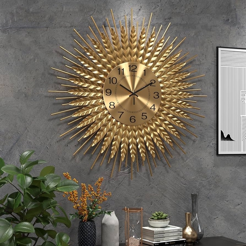 Wall Clock Mid Century Modern Gold Sunburst Layered Leaf Design