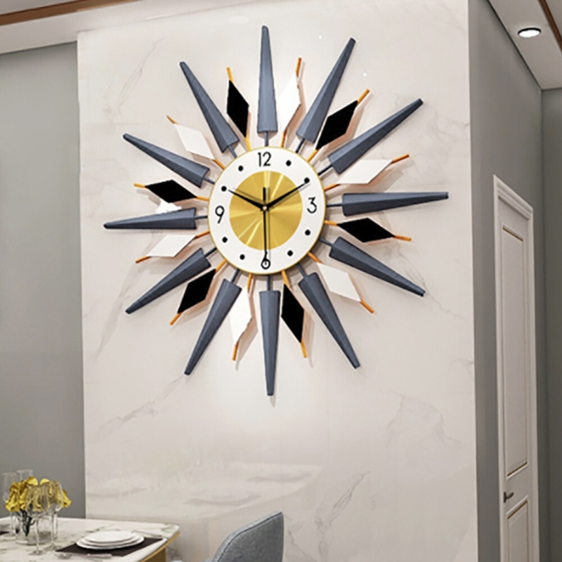 Wall Clock Mid Century Modern Sunburst, Charcoal Grey Spikes, Gold