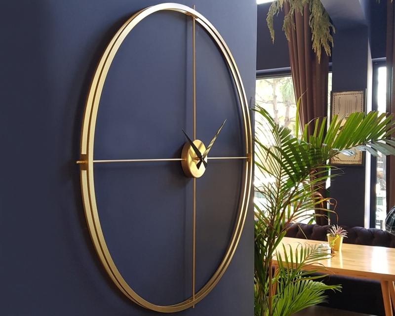 Wall Clock Minimalist Double Ring Frame Gold Tone Crossbar