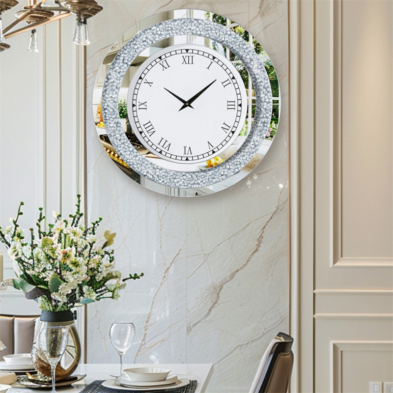 Wall Clock Mirrored Frame Jeweled Border Roman Numeral Luxe Glam