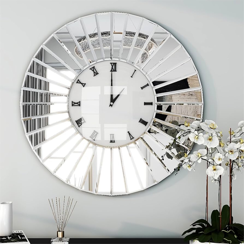 Wall Clock Mirrored Radial Frame Roman Numeral Luxury Sunburst Design